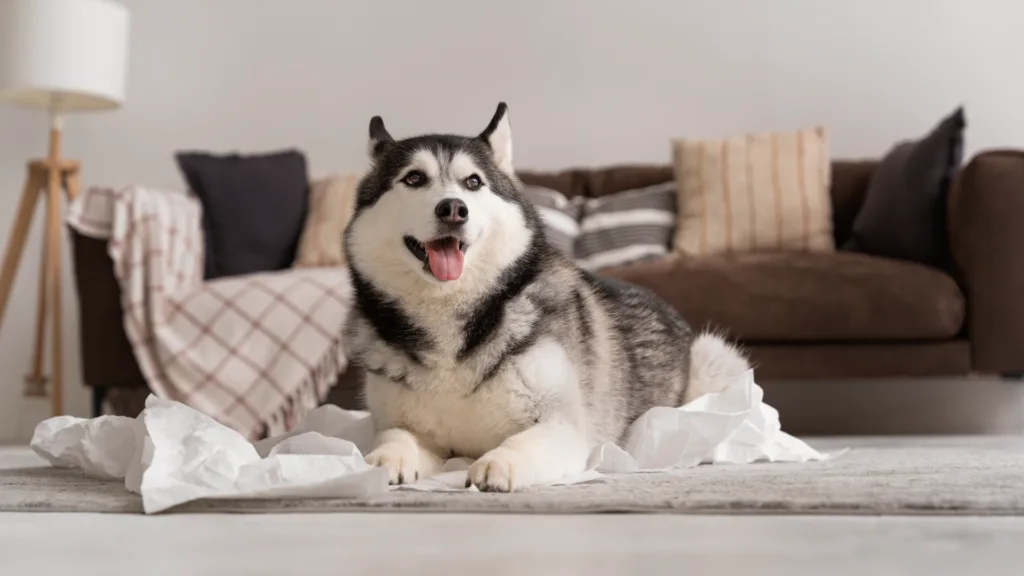 a husky dog sitting on a pile of toilet paper